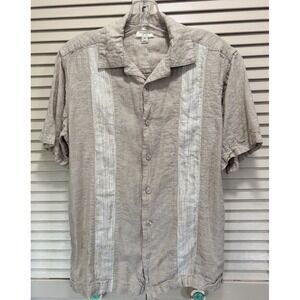 Haggar Short‎ Sleeve Button Up Collared Size Medium Linen Tan/White